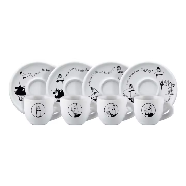 Bialetti Conjunto 4 Tazas y 4 Platillos Café Espresso Moka Carosello Porcelana Blanca - 1