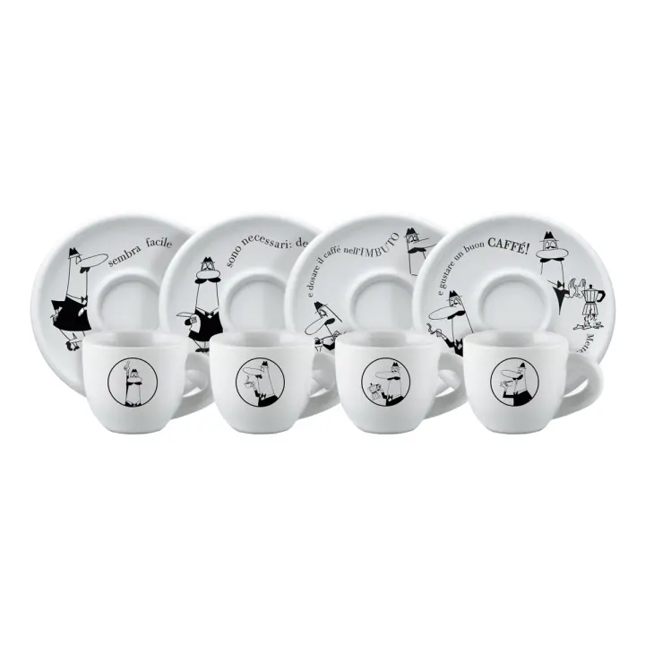 Bialetti Conjunto 4 Tazas y 4 Platillos Café Espresso Moka Carosello Porcelana Blanca - 1