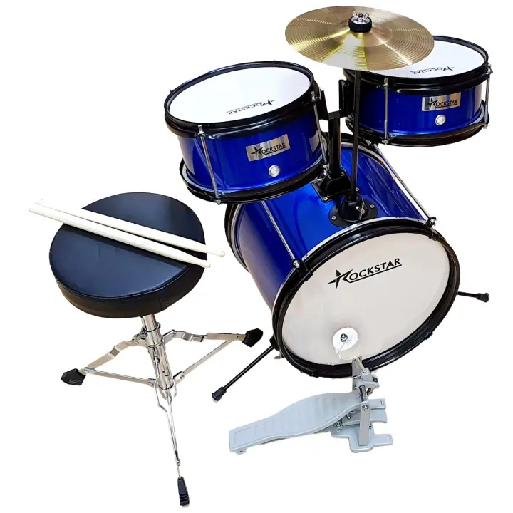 ROCKSTAR MUSIC  - Batería Infantil JDS1043B - Instrumento Musical Afinable con Pedal de Bombo, Taburete y Baquetas - Calidad sonora excepcional. Dimension: 50cm Ancho, 90cm Fondo, 75cm Alto - 1