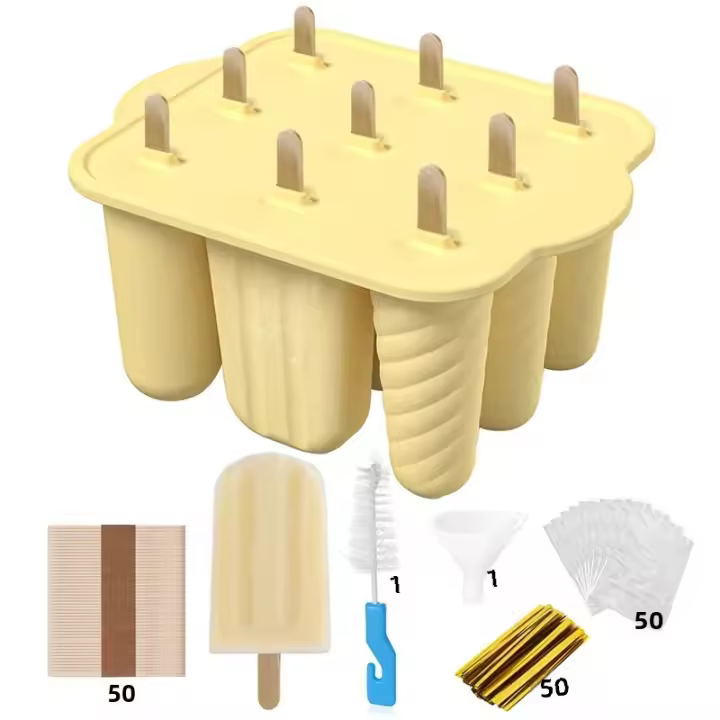 Molde De Helado De Silicona De Grado Alimenticio Con Palitos De Madera 9 Cavidades Para Hacer Popsicles Herramienta De Cocina Para El Verano - 1
