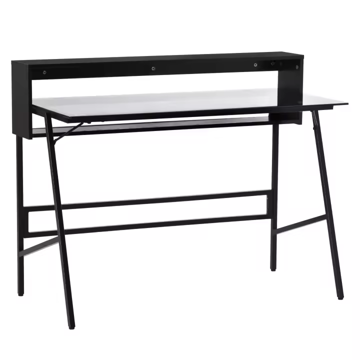 HOMCOM mesa de ordenador escritorio con dos estantes moderna mesa gaming con tapa de cristal templado hogar oficina felpudo ajustable aglomerado de acero negro + gris 115 x 55 x 90 cm - 1