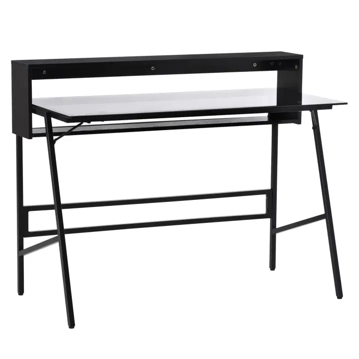 HOMCOM mesa de ordenador escritorio con dos estantes moderna mesa gaming con tapa de cristal templado hogar oficina felpudo ajustable aglomerado de acero negro + gris 115 x 55 x 90 cm - 1