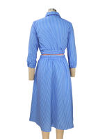 Conjunto De Vestido Elegante Para Mujer BAMBOOBOY Azul Rayado Con Manga Larga Botones Y Shorts Camisa De Cuello En V Y Falda Plisada Cintura Alta Talla MÁS GRANDE Estilo De Calle Moda Verano - details 4