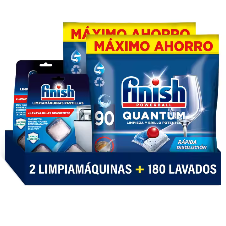 Finish Powerball Quantum 180 Pastillas para Lavavajillas + 6x Limpiamáquinas en Pastillas, Limpieza y Brillo Potentes, Aroma Regular Formato 2x90 - 1