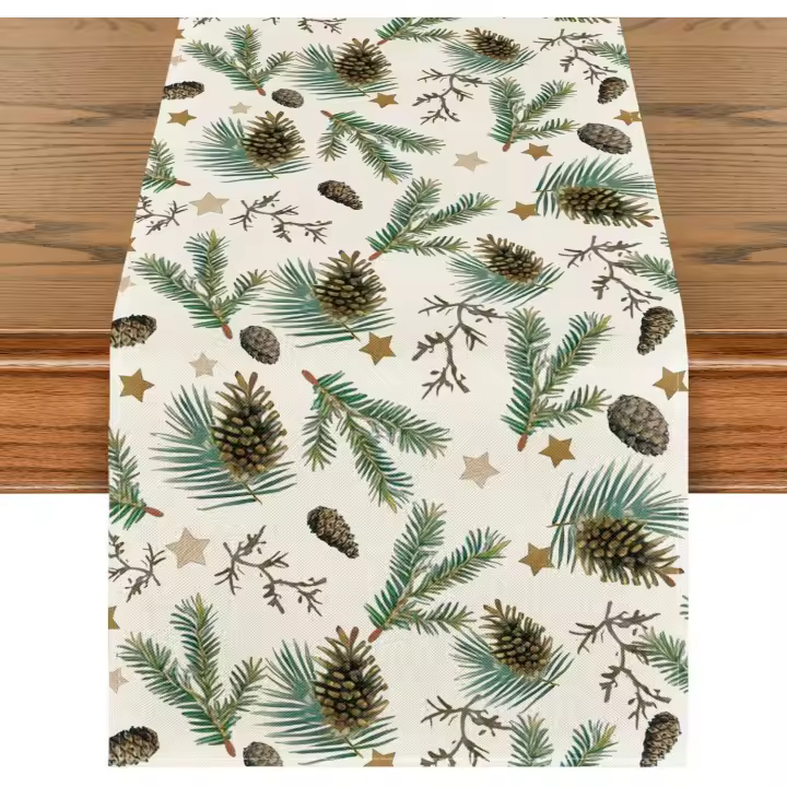 Camino de mesa navideño con diseño de estrellas, hojas y piñas, decoración navideña de temporada para mesa de cocina, decoración para fiestas en el hogar, 33 x 183 cm - 1
