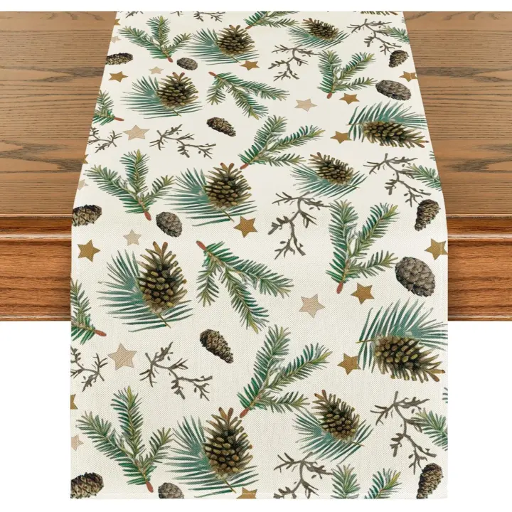 Camino de mesa navideño con diseño de estrellas, hojas y piñas, decoración navideña de temporada para mesa de cocina, decoración para fiestas en el hogar, 33 x 183 cm - 1