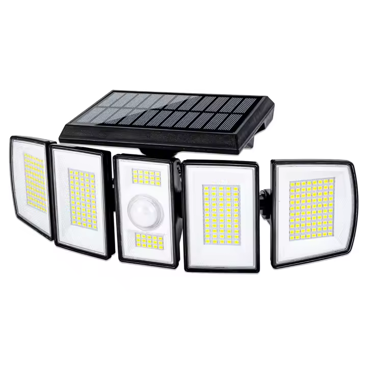 Luces solares impermeables al aire libre - 300 LED 7000K 3000LM 5 niveles de brillo ajustable 3 modos de iluminación 2400mAh 340% más brillante 360° 5 cabezas IP65 sensor de movimiento 40ft VENSSTNOR Solar Motion Lights al aire libre - 1
