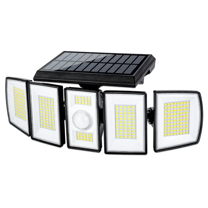 Luces solares impermeables al aire libre - 300 LED 7000K 3000LM 5 niveles de brillo ajustable 3 modos de iluminación 2400mAh 340% más brillante 360° 5 cabezas IP65 sensor de movimiento 40ft VENSSTNOR Solar Motion Lights al aire libre - 1