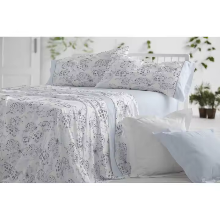 Juego de Sábanas 50% algodón-50% Poliéster Estampado de Flores Azul Marca Burrito Blanco - 1