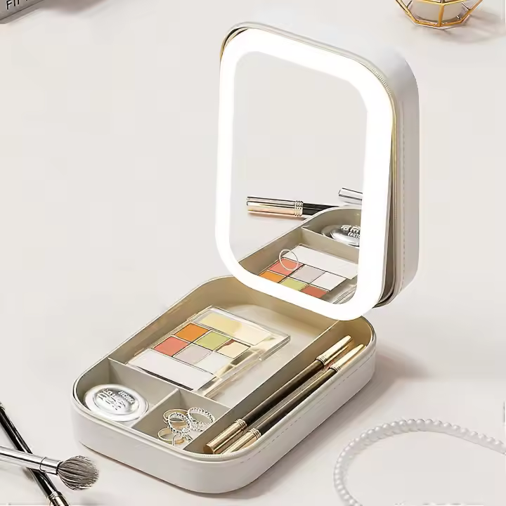 Travel Makeup Mirror with LED Light Portable Lighted Beauty Mirror, 3-Color Lighting 1200mAh Rechargeable Tabletop Cosmetic Mirror (Cream White) - 1