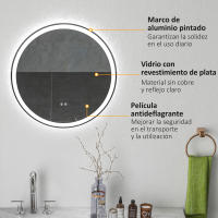 kleankin Espejo de Baño con Luces LED Ajustable Ø60 cm Espejo para Baño Redondo con Antivaho Función de Memoria e Interruptor Táctil para Salón Entrada Plata - details 3