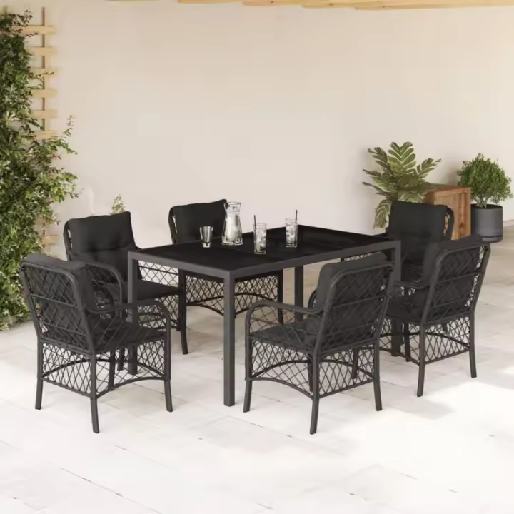 vidaXL Set de comedor de jardín 7 pzas y cojines ratán sintético negro - 1