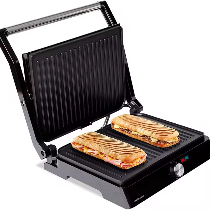 Mellerware - Parrilla Eléctrica Hotty!2200W Revestimiento Antiadherente. Regulador Temperatura LED. Obertura 180º. Placas Adaptables. Gran superfície 29×46cm. Grill Acero Inoxidable.Libre PFOA