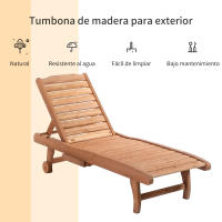 Outsunny Tumbona de Madera Exterior Silla Reclinable de Jardín con 2 Ruedas Respaldo Ajustable en 3 Niveles y 1 Bandeja Carga 130 kg para Terraza Patio Natural - details 5