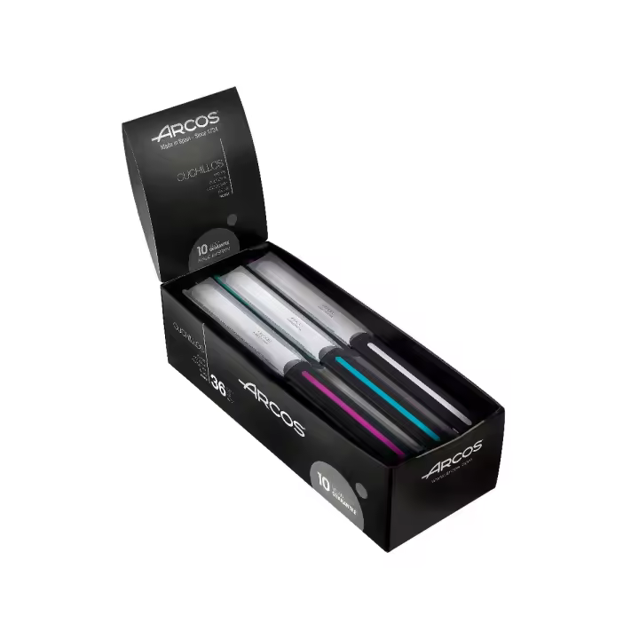 Arcos Cuchillos de Mesa Acero Inoxidable NITRUM 100 mm - Juego de 36 - Mango Polipropileno en 3 Colores - Ideal para Cocina y Comedor - Serie C - 1