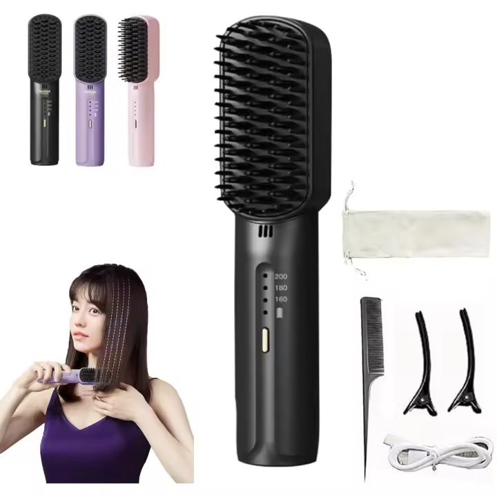Plancha de pelo portátil 3 en 1, cepillo alisador inalámbrico, plancha de pelo (negra) - 1