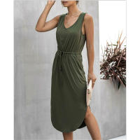 Vestido Midi Sin Mangas Para Mujer Casual Verano Algodón Sólido V-Neck Ajustable Estilo Casual Longitud Media Pierna - details 7