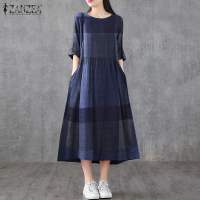 Vestido Midi De Lino Y Algodón ZANZEA Para Mujer Estilo Vintage Cuadros Manga Corta Cuello Redondo Vestidos Casual Verano Con Bolsillos Longitud Hombro a Hombro - details 9