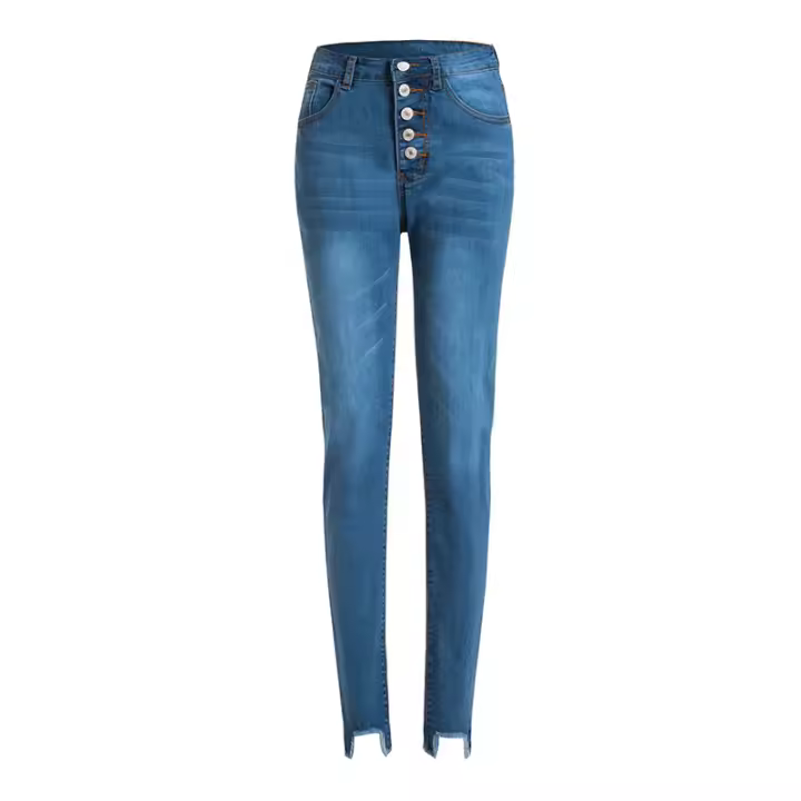 Nuevas Jeans Stretchy Para Niñas Cintura Alta Vintage Azul Mecánica Recta Casual Pantalones De Calle Con Botones Y Bolsillos - 1