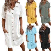 Vestido Elegante De Verano Para Mujer Con Cuello En V Y Mangas Cortas Botones Y Cuello Encogible Vestido De Oficina Para Dama Con Estilo Robe - details 0