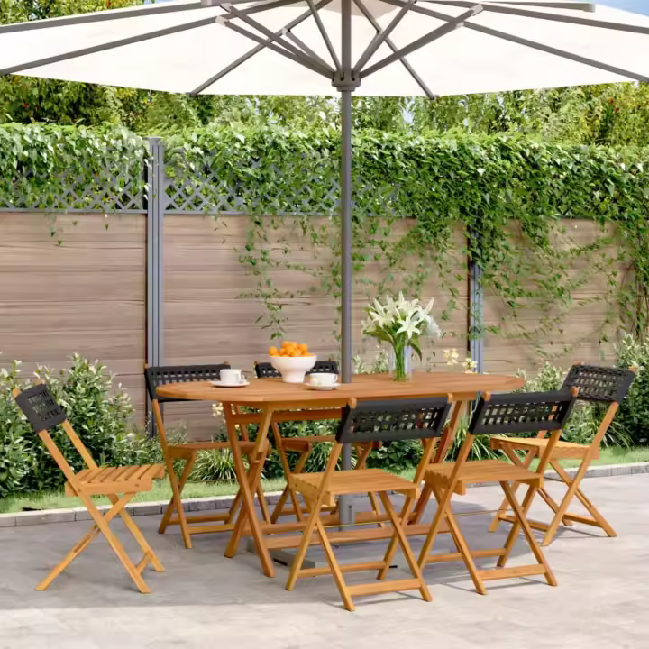 vidaXL Sillas de jardín plegables 6 uds madera maciza y ratán PE negro - 1