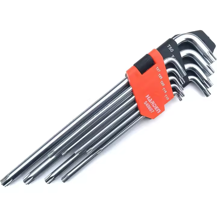 Juego Llaves Torx Inviolables Largas 9 pzs  HARDEN - Set de 9 Llaves Torx Largas y Resistentes en Acero al Cromo Vanadio - Herramientas Profesionales de Seguridad con Punta Perforada para Mecánica y Bricolaje, Incluye Tamaños T10 a T50… - 1