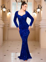 Vestido De Noche Para Mujer Largo Con Mangas De Sequinias Azul Elegante Vestido De Fiesta Prom Invierno 2024 Corte De Corte Court Traje De Baño De Verano - details 1