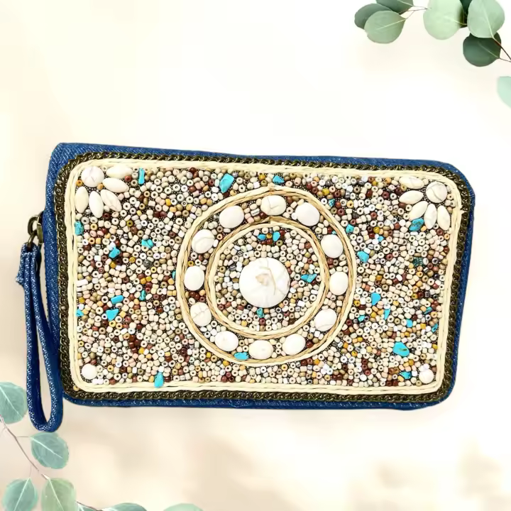 MEJORADA - Cartera Monedela de Tela Vaquera con Adornos Folklóricos y Tarjetera para Mujer - 1
