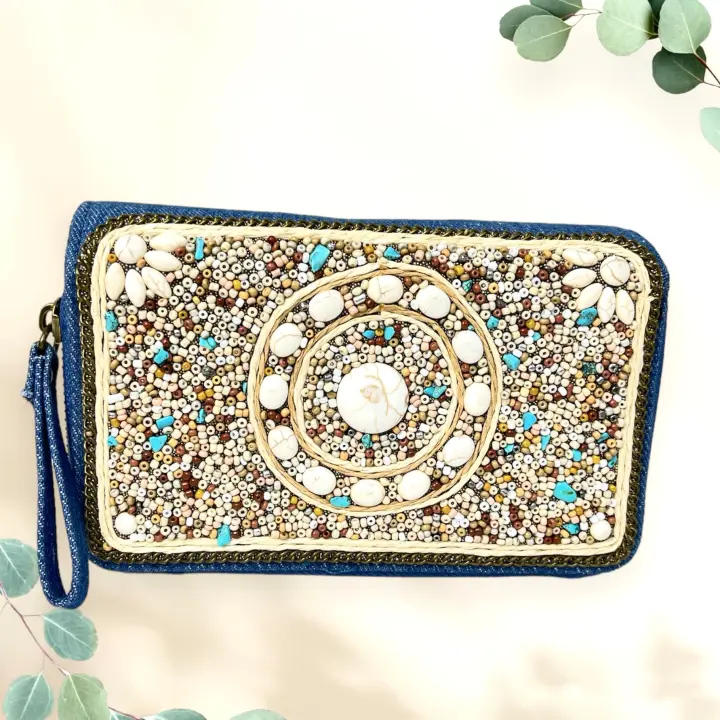MEJORADA - Cartera Monedela de Tela Vaquera con Adornos Folklóricos y Tarjetera para Mujer - 1