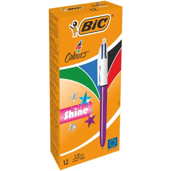 BIC 4 Colores Shine Bolígrafos Punta Media (1,0 mm) - Diseño Púrpura (Caja de 12 Uds.) - 1