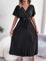 Vestido Maxi Elegante De Cintura Alta Con Volantes Y Mangas De Mariposa Para Mujer Vestido De Fiesta Casual De Polyester - details 11