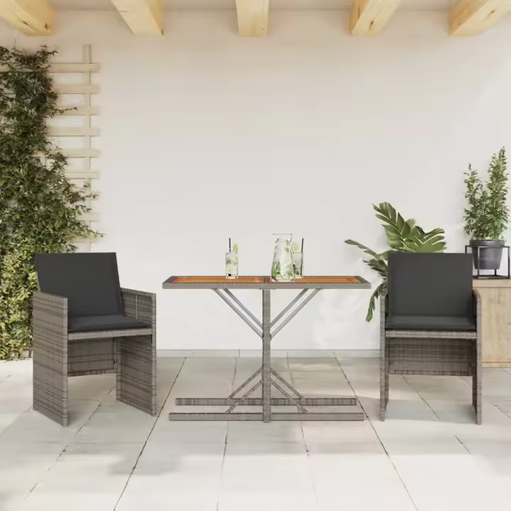 vidaXL Mesita y sillas con cojines 3 piezas ratán sintético negro en color Negro y crema/beige y crema/Gris | cómodas modernas ergonómicas para comedor cocina salón hogar - 1