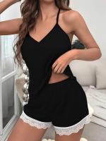 Conjunto De Pijama Para Mujer En Gris Con Tirantes Espagueti Y Shorts Bordado En La Cintura Suave Y Cómodo Para Dormir Y Descansar - details 7