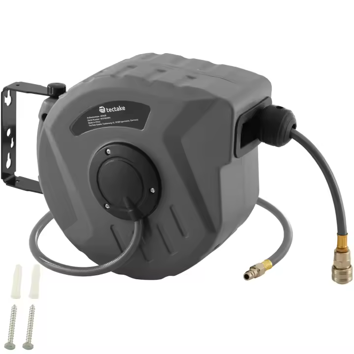Tectake - Carrete automático con manguera de aire comprimido  Manguera robusta con acoplamiento rápido  Carcasa resistente de plástico  La manguera se enrolla y desenrolla suavemente - 1