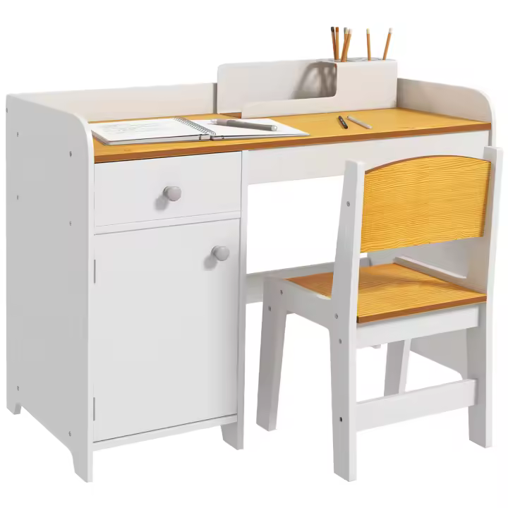 ZONEKIZ Conjunto de Escritorio de 2 Piezas Pupitre Infantil Escritorio para Niños Incluye Silla y Mesa con Cajón y Armario para Dormitorio Sala Blanco y Natural - 1