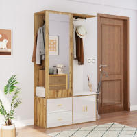 Juego de Guardarropa Elegante en Blanco y Madera-With Espejo Incorporado, Banco Zapatero with Espacio para Zapatos, Ganchos para Accesorios y Barra Colgante Extensible - details 1