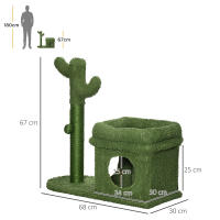 PawHut Árbol Rascador para Gatos Diseño de Cactus Altura 67 cm Torre para Gatos con Cama Caseta de Felpa Poste de Sisal y Bola Colgante 68x30x67 cm Verde - details 2