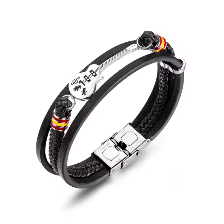 Pulsera de cuero para hombre, hecha a mano, de cuero negro multicapa trenzado con forma de guitarra [Ajustable] - 1
