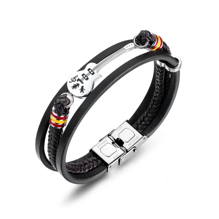 Pulsera de cuero para hombre, hecha a mano, de cuero negro multicapa trenzado con forma de guitarra [Ajustable] - 1