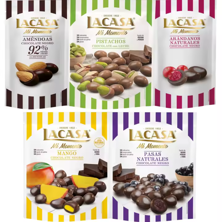 Lacasa Mi Momento pack de 5:Arándano Chocolate Negro ,Almendra 92% ,Pasas Chocolate Negro ,Pistacho Chocolate Leche ,Mango Chocolate Negro - 1
