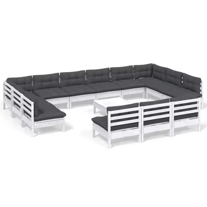 vidaXL Muebles de jardín 14 pzas y cojines blanco madera maciza pino - 1