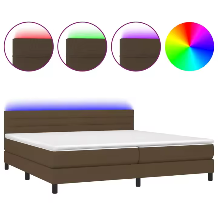 vidaXL Cama box spring colchón luces LED tela marrón oscuro 200x200 cm - 1