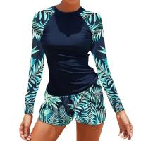 Traje De Baño De Dos Piezas Para Mujer 2024 Con Estampado De Surf Y Flores Long Sleeve Racerback Vest Y Cross Back Spandex Nylon - details 2
