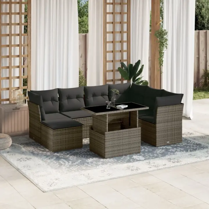 vidaXL Set de sofás de jardín y cojines 8 piezas ratán sintético gris - 1