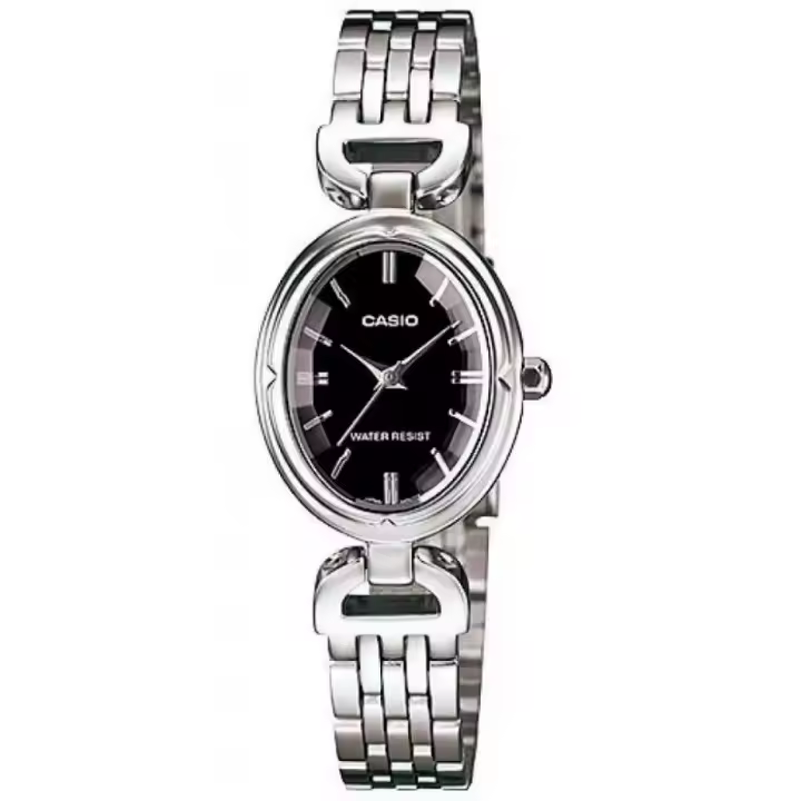 Reloj CASIO señora LTP-1374D-1ADF analógico esfera negra ovalada correa metálica plateada LTP1374D1A - 1