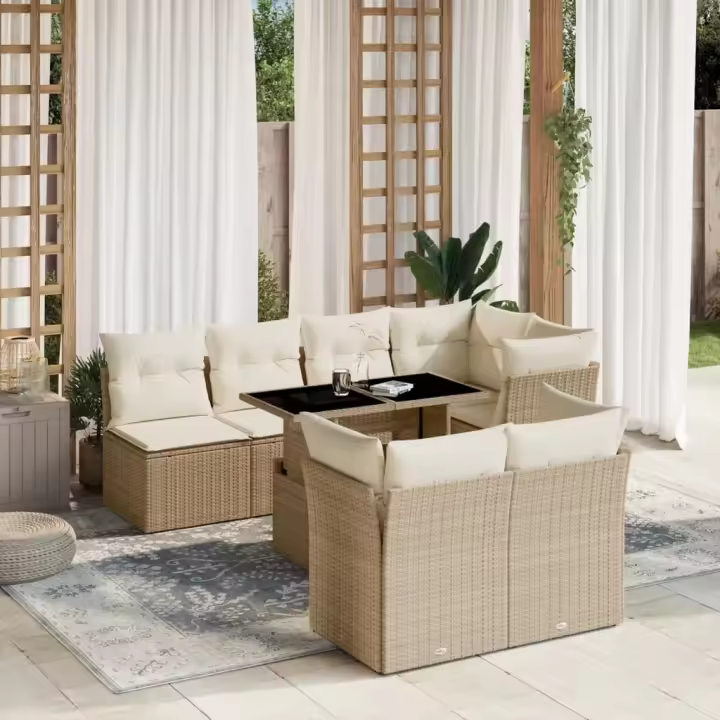 vidaXL Set de sofás de jardín y cojines 8 piezas ratán sintético beige - 1