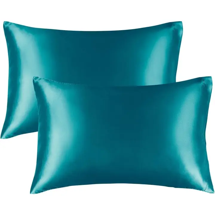 Paquete de 2 fundas de almohada de seda satinada suave de morera pura para cabello y piel con cierre de sobre, color verde azulado, tamaño estándar (50 x 75 cm) - 1