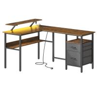 Escritorio Esquinero en Forma de L para Juegos - Con Luces LED, Tomas de Corriente, Soporte de Monitor y 2 Cajones, Fácil de Montar, Ideal para Oficina en Casa - details 0