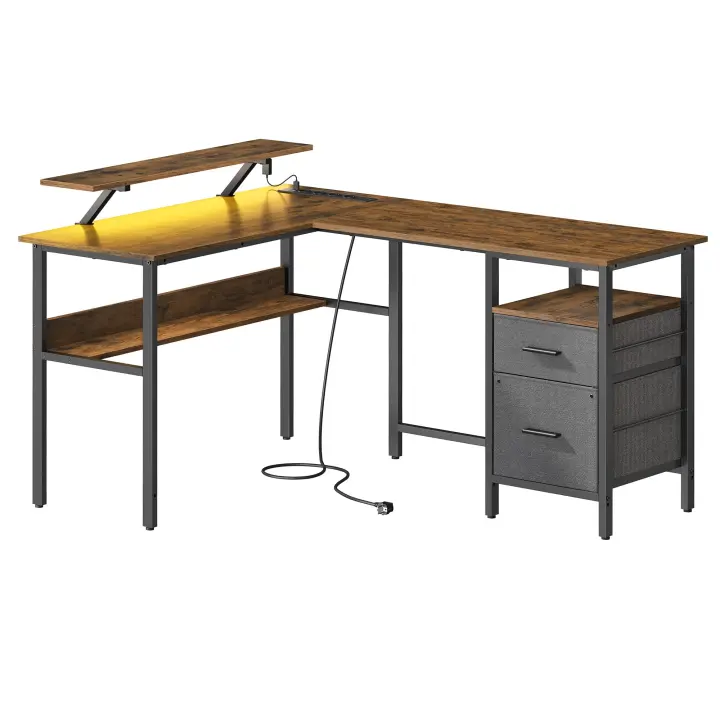 Escritorio Esquinero en Forma de L para Juegos - Con Luces LED, Tomas de Corriente, Soporte de Monitor y 2 Cajones, Fácil de Montar, Ideal para Oficina en Casa - 1