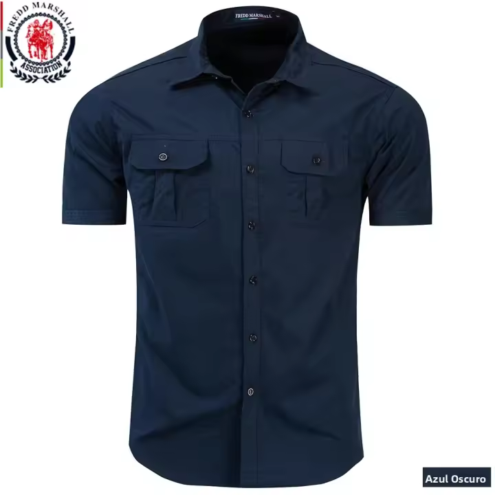 Camisa Militar Para Hombre Fredd Marshall 100% Algodón Manga Corta Estilo Casual Con Bolsillos Traje De Trabajo Tatting Abierta Por Encima - 1